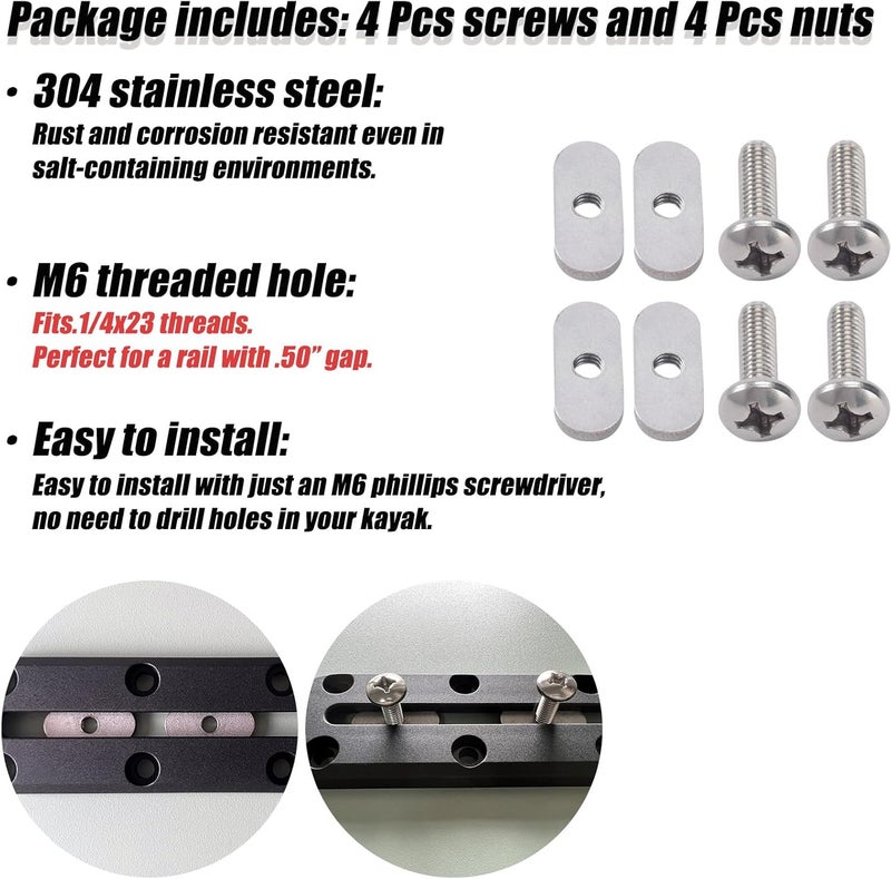 DoThisAllDay 304 Stainless Steel Kayak Rail/Track Screws 304 SS Track Nuts Kayak Hardware Mount Tie Down Eyelet Rail Kayak Mounting Screws Gear Mounting Replacement Kit for Kayaks Rails Screws Canoes Boats - Image 2